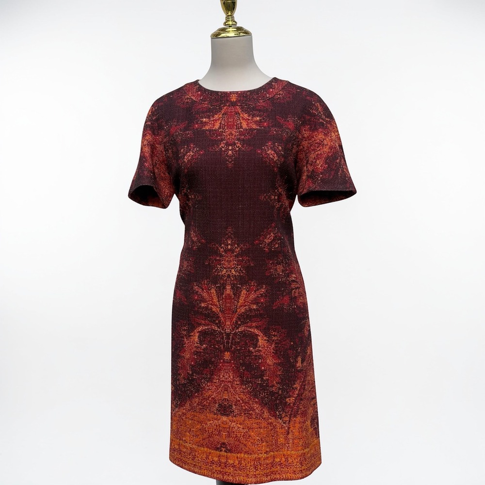 Lafayette 148 New York Shift Dress Wool Silk Damask Print Red Orange Sz L Ikat